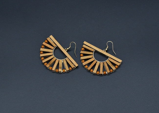 Semi-Circular Wooden and Bronze Earrings